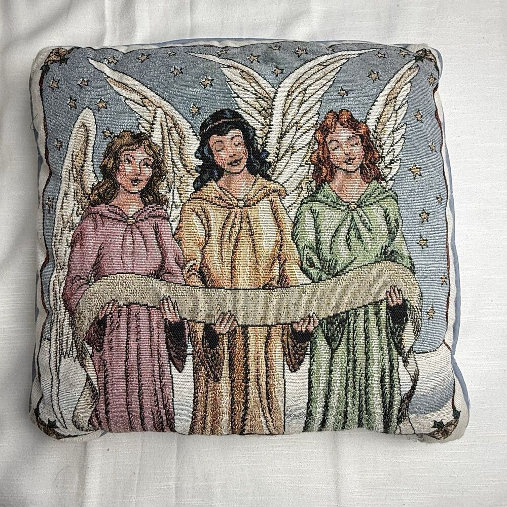 Vintage Martha Stewart Tapestry Throw Pillow 3 Angels Blue 15” Square